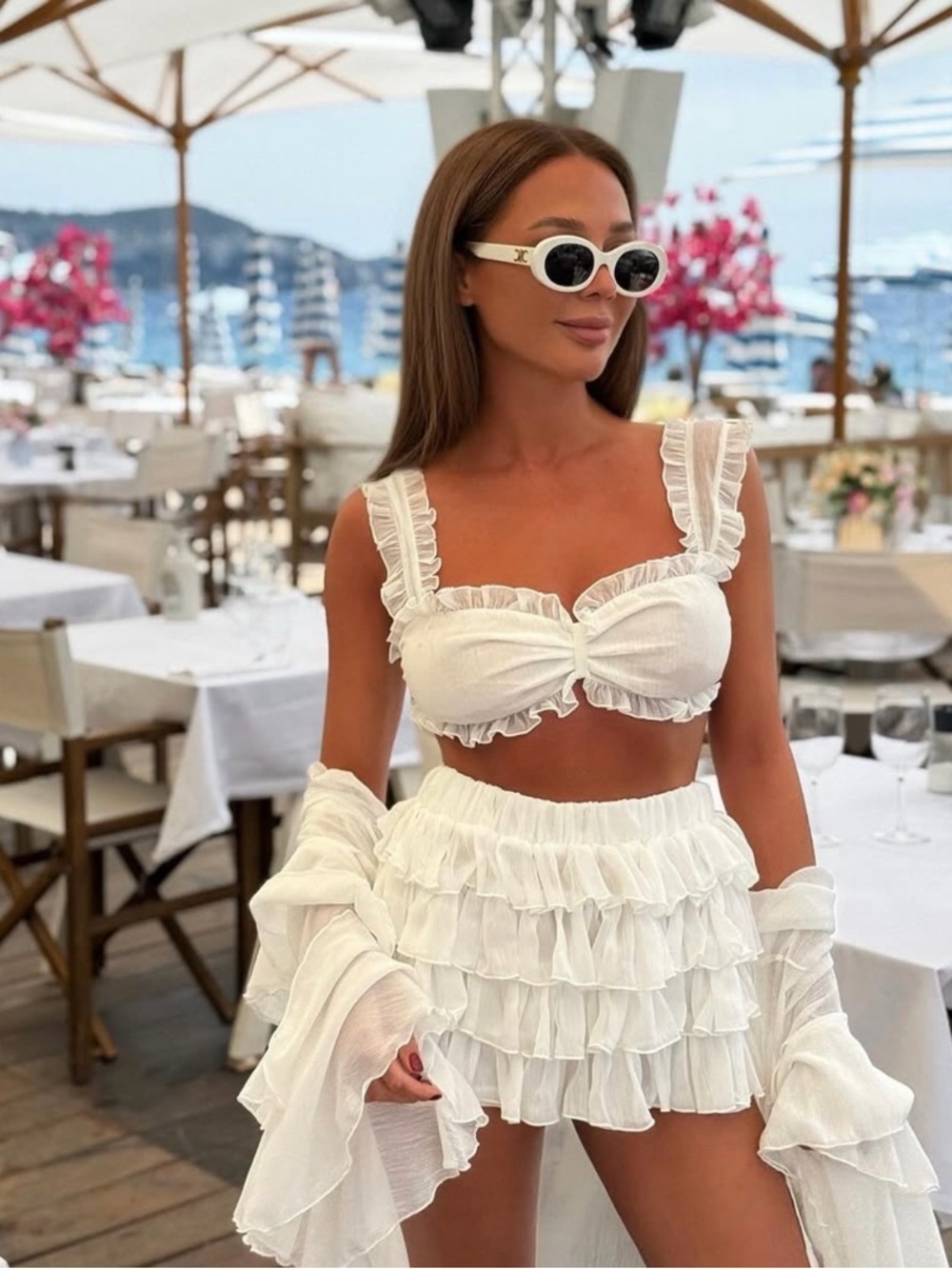 Sheer Ruffled Long Duster Cardigan in White